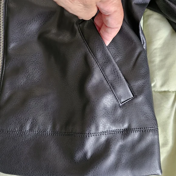 New Democracy Biker Jacket Size M Faux Leather Black Beige Zip Front Moto NWT - Picture 9 of 16